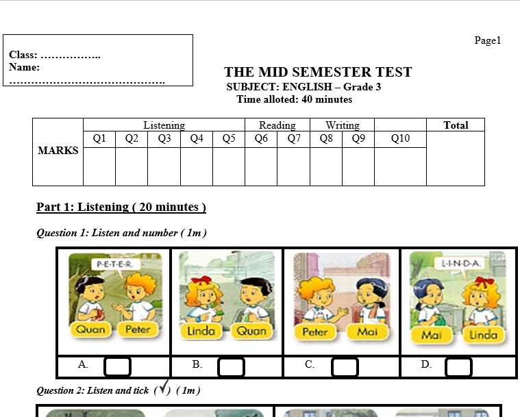 Đề thi giữa kỳ 1 tiếng anh 3 Global success có file nghe đáp án